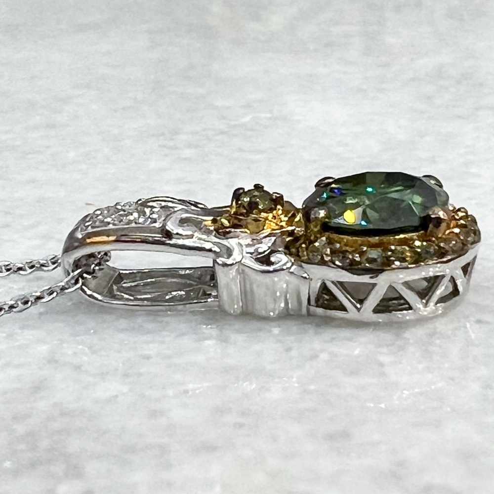 Green and White Moissanite Green Sapphire Sterling Silver Pendant 20” Necklace - Picture 3 of 11
